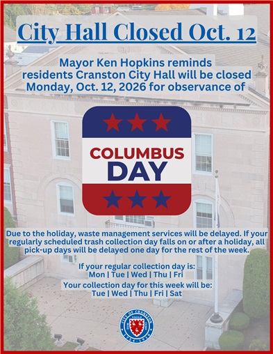 City Hall Closure - Columbus Day, Monday, Oct. 12